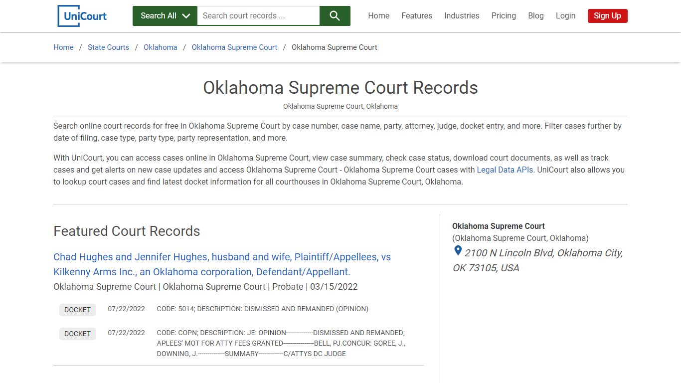 Oklahoma Supreme Court Records | Oklahoma | UniCourt