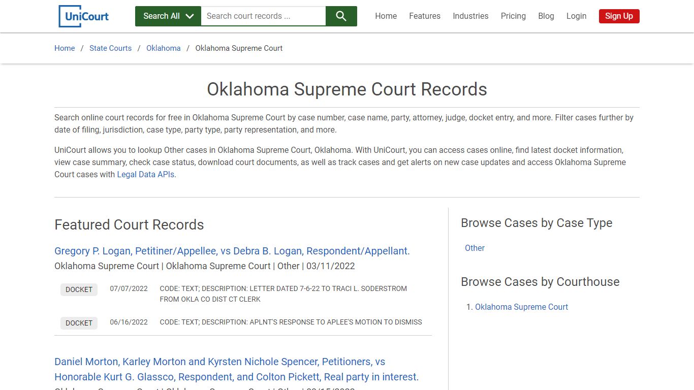 Oklahoma Supreme Court Records | Oklahoma | UniCourt